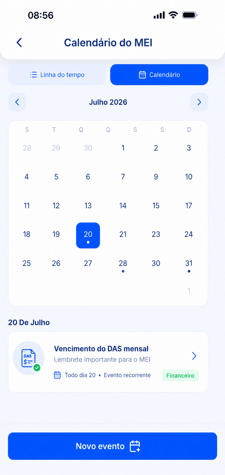 Calendário do MEI no aplicativo cMEI